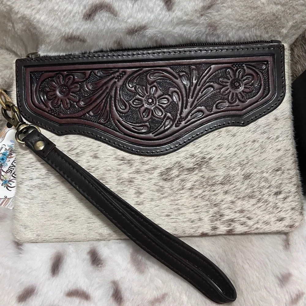 Western Cowhide Tooled Leather Wristlet Clutch Pouch Bag Genuine Hair On New‎